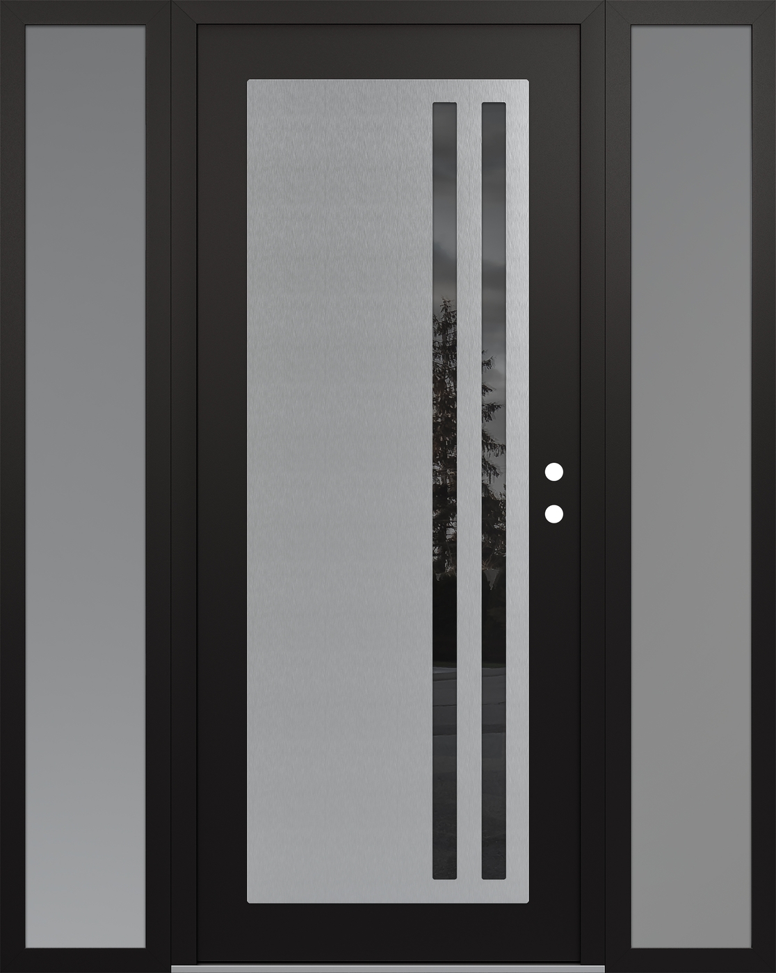 Modern Steel Front Door Diamond C6 68" x 80" black/black mirrored Glass Panel stainless steel LHI with 2 Sidelites frosted Glass