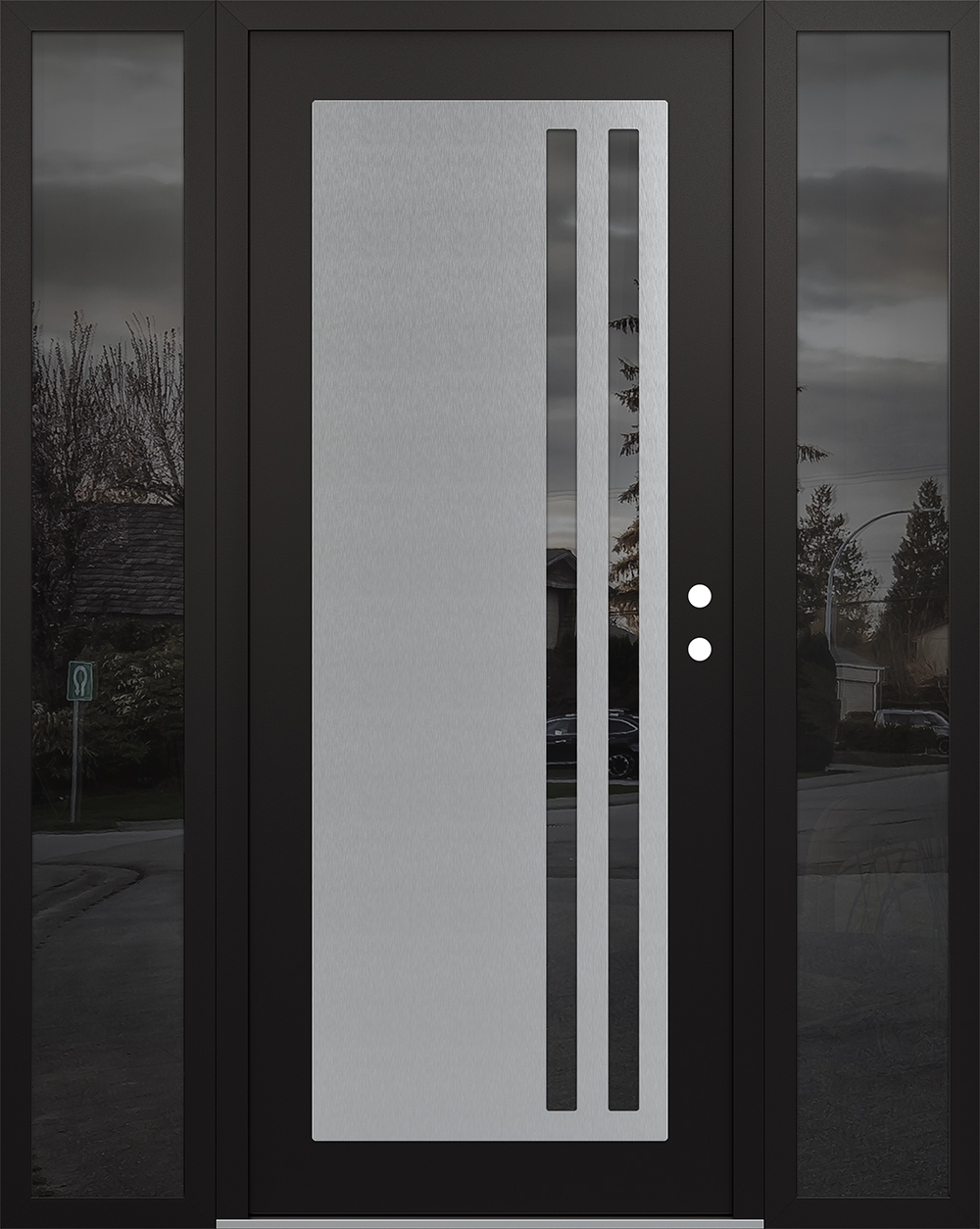 Modern Steel Front Door Diamond C6 68" x 80" black/black mirrored Glass Panel stainless steel LHI with 2 Sidelites mirrored Glass