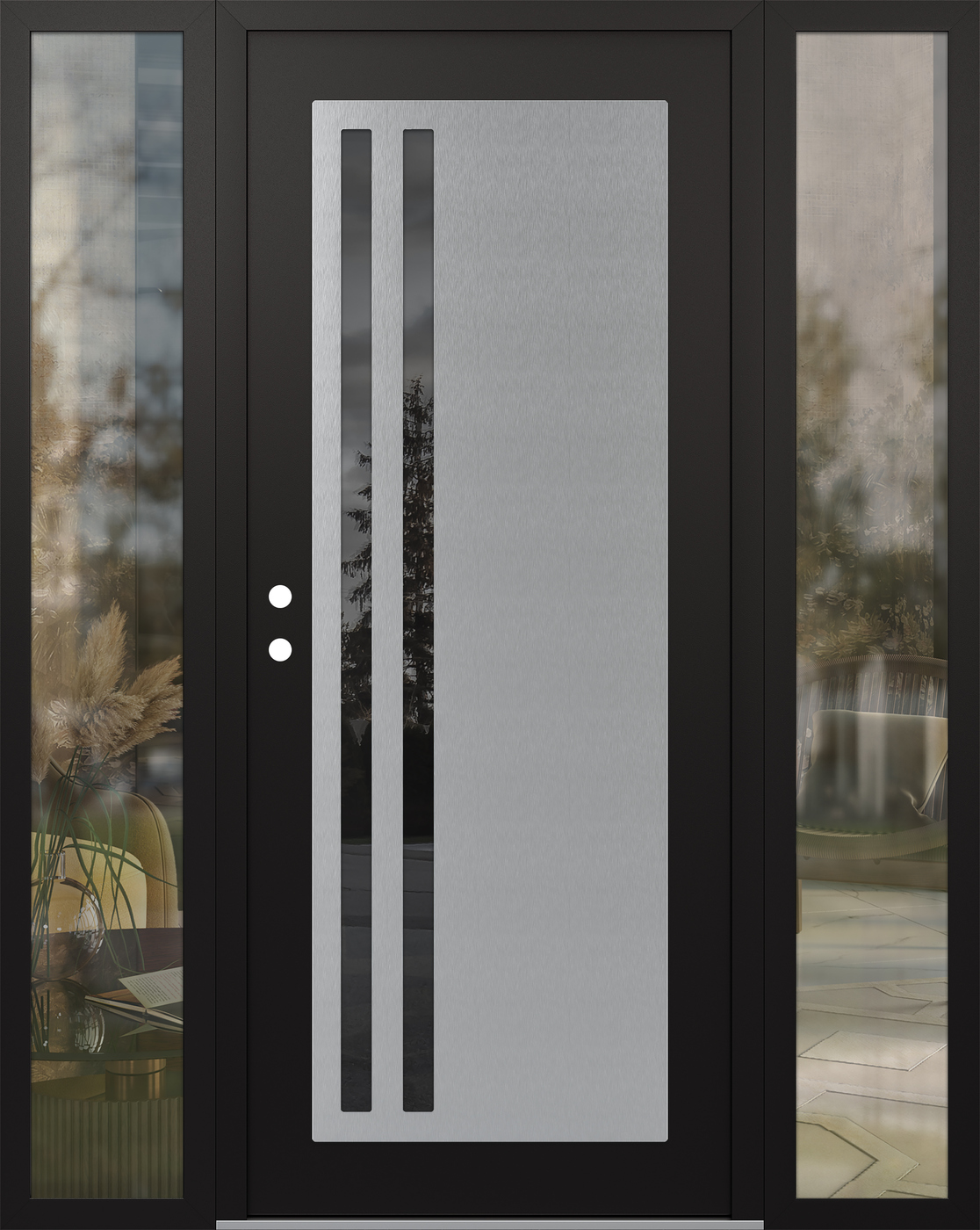Modern Steel Front Door Diamond C6 68" x 80" black/black mirrored Glass Panel stainless steel RHI with 2 Sidelites clear Glass