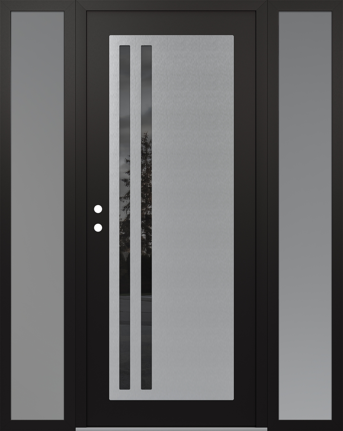 Modern Steel Front Door Diamond C6 68" x 80" black/black mirrored Glass Panel stainless steel RHI with 2 Sidelites frosted Glass