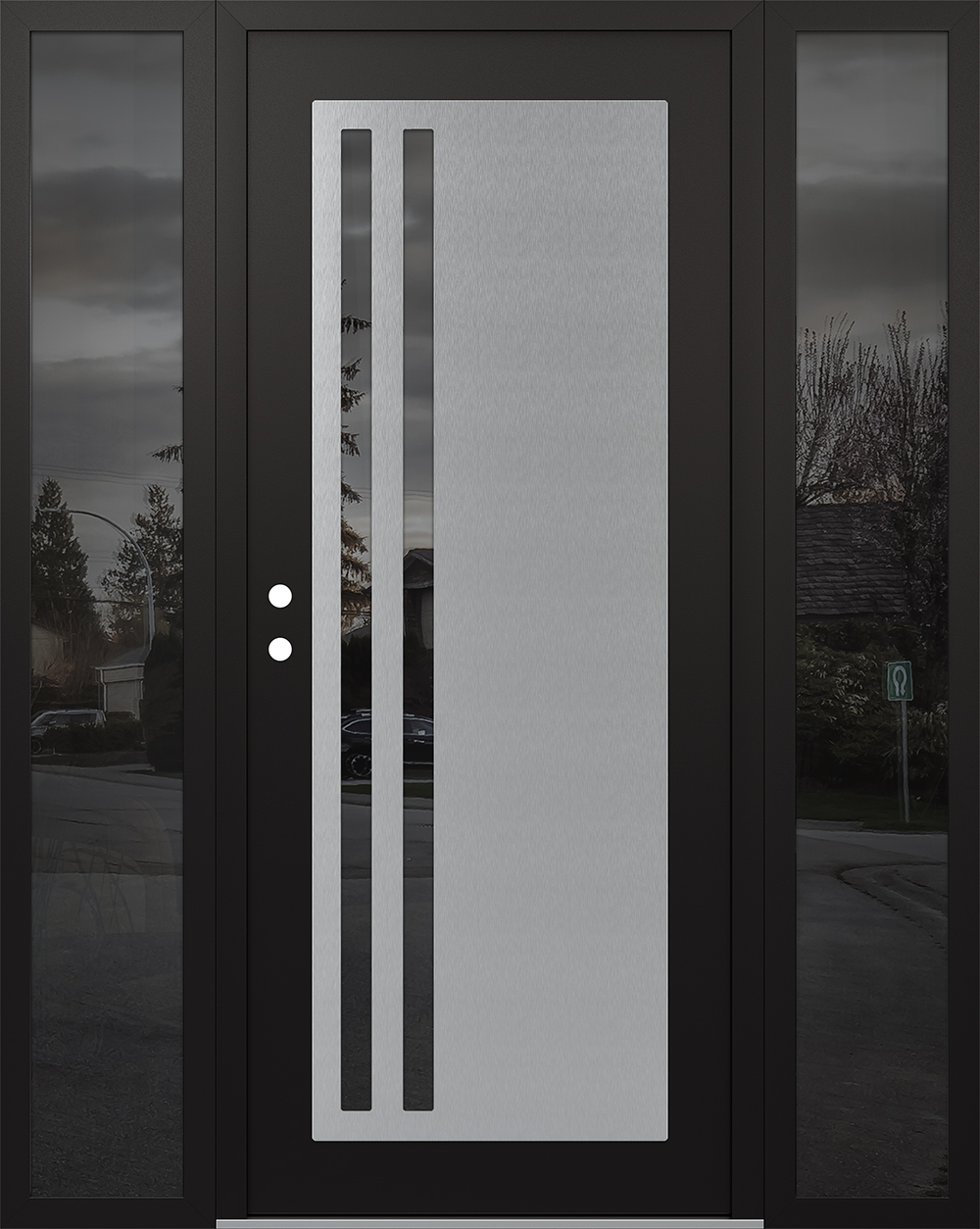 Modern Steel Front Door Diamond C6 68" x 80" black/black mirrored Glass Panel stainless steel RHI with 2 Sidelites mirrored Glass