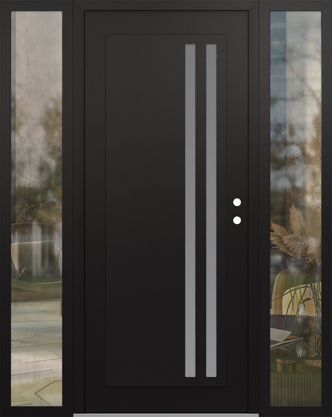 Modern Steel Front Door Diamond C6 68" x 80" black/white frosted Glass Panel black LHI with 2 Sidelites clear Glass