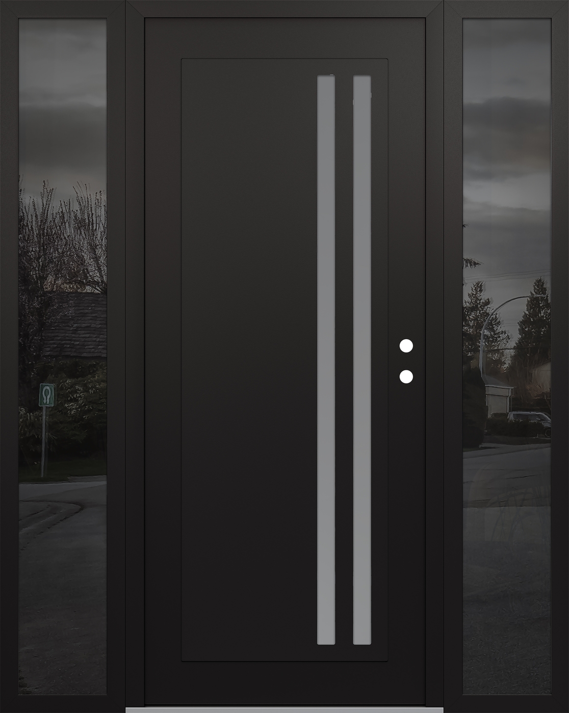 Modern Steel Front Door Diamond C6 68" x 80" black/white frosted Glass Panel black LHI with 2 Sidelites mirrored Glass