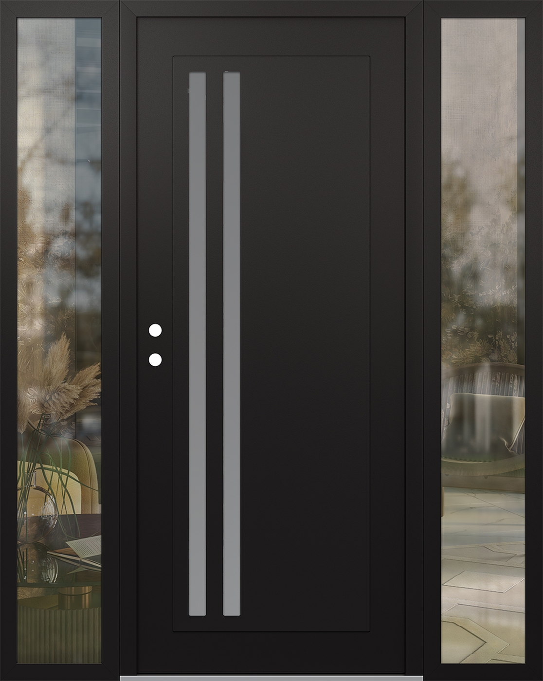 Modern Steel Front Door Diamond C6 68" x 80" black/white frosted Glass Panel black RHI with 2 Sidelites clear Glass