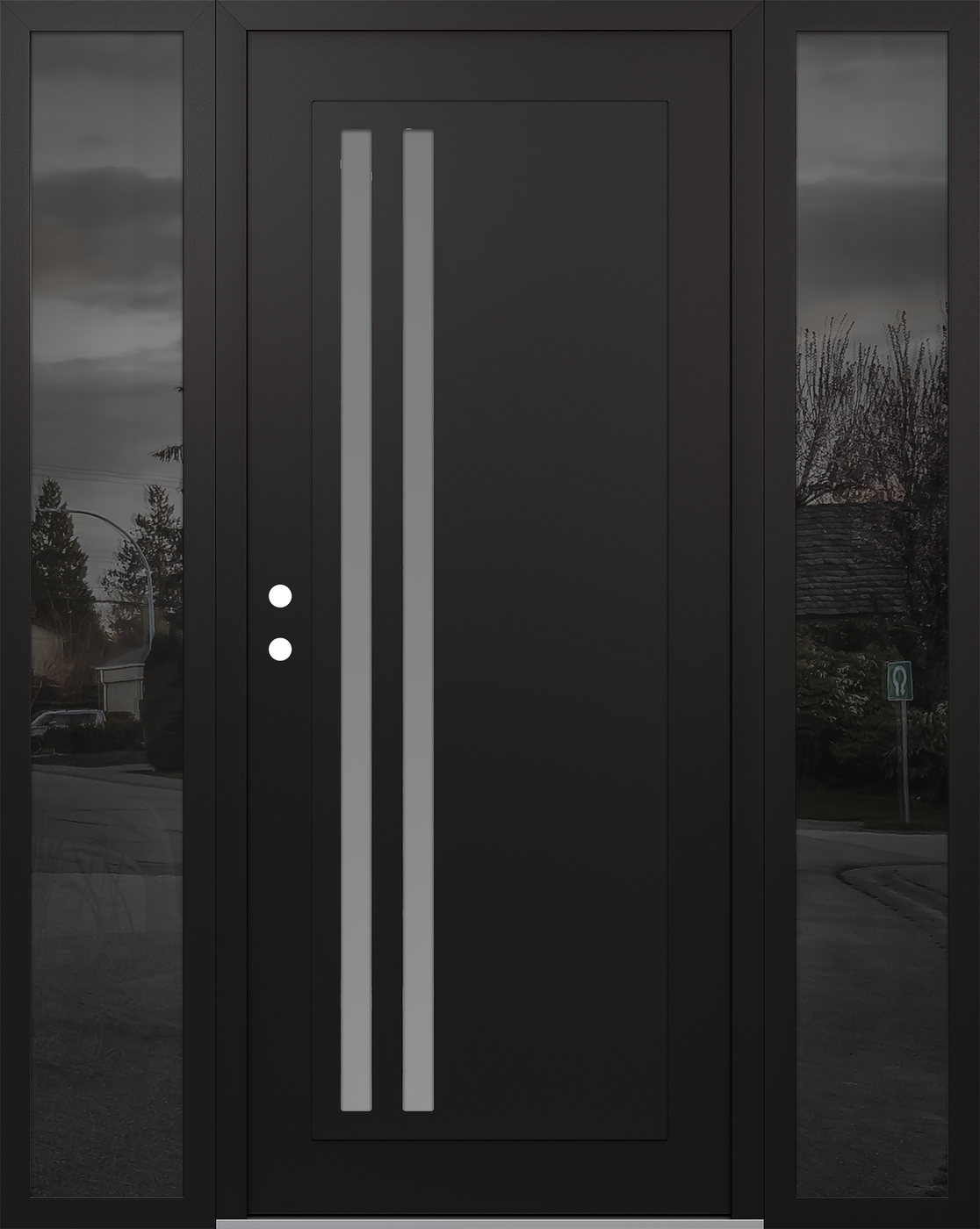 Modern Steel Front Door Diamond C6 68" x 80" black/white frosted Glass Panel black RHI with 2 Sidelites mirrored Glass