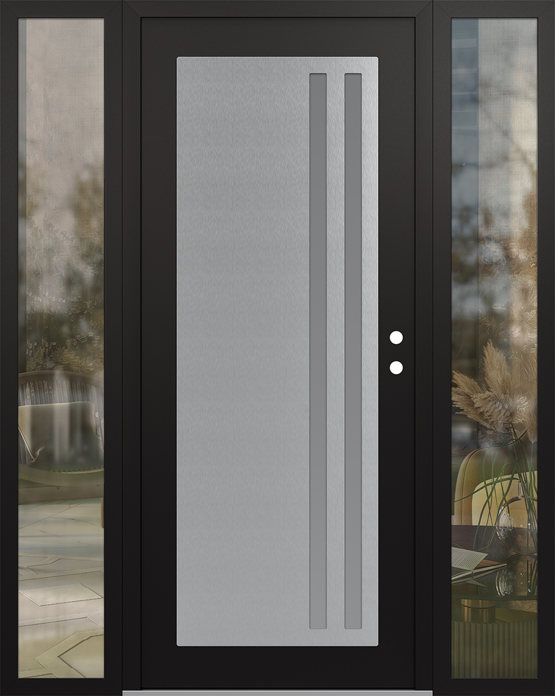 Modern Steel Front Door Diamond C6 68" x 80" black/white frosted Glass Panel stainless steel LHI with 2 Sidelites clear Glass