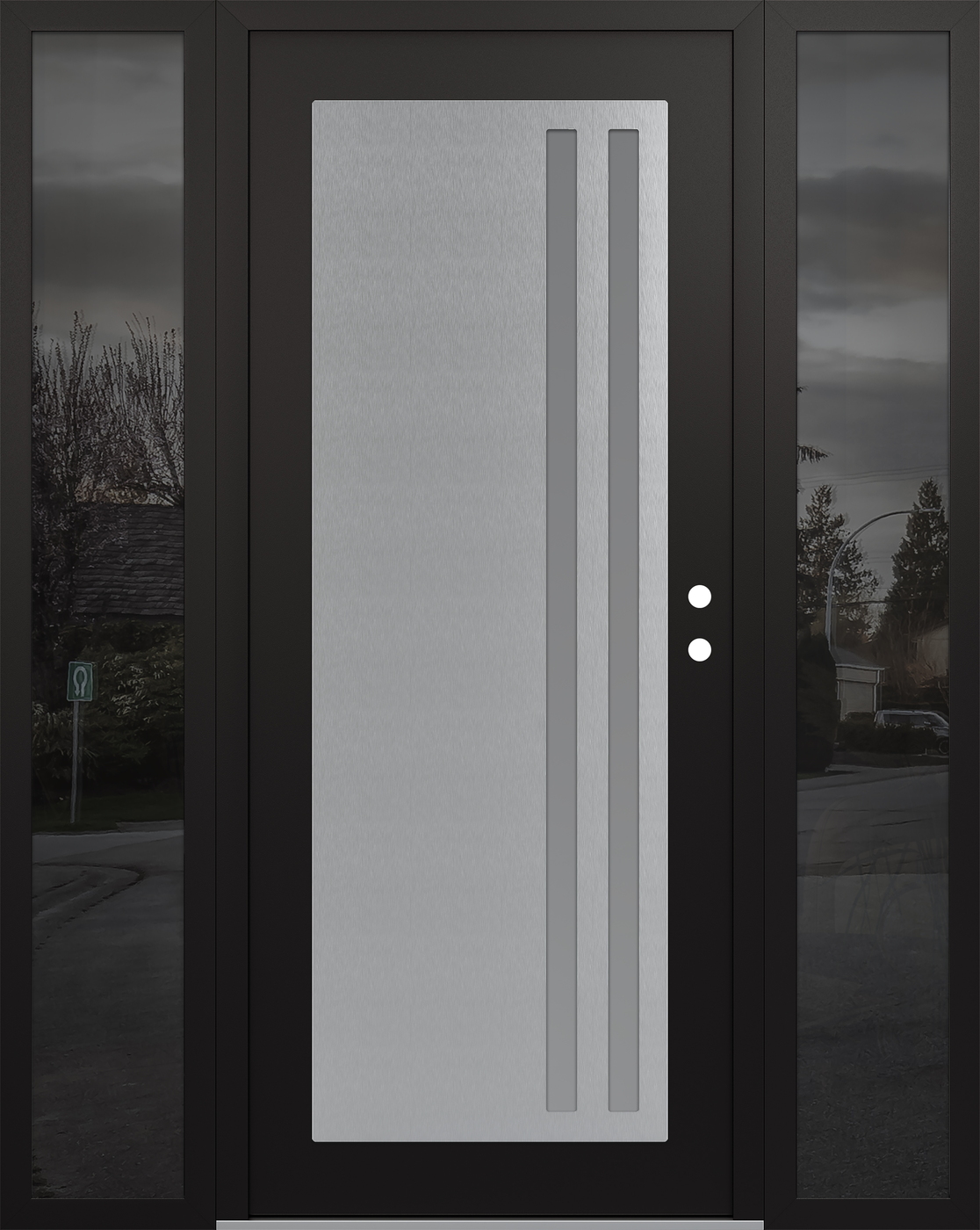 Modern Steel Front Door Diamond C6 68" x 80" black/white frosted Glass Panel stainless steel LHI with 2 Sidelites mirrored Glass