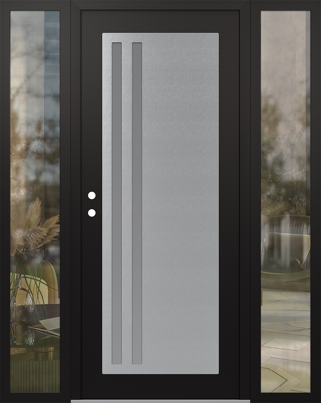 Modern Steel Front Door Diamond C6 68" x 80" black/white frosted Glass Panel stainless steel RHI with 2 Sidelites clear Glass