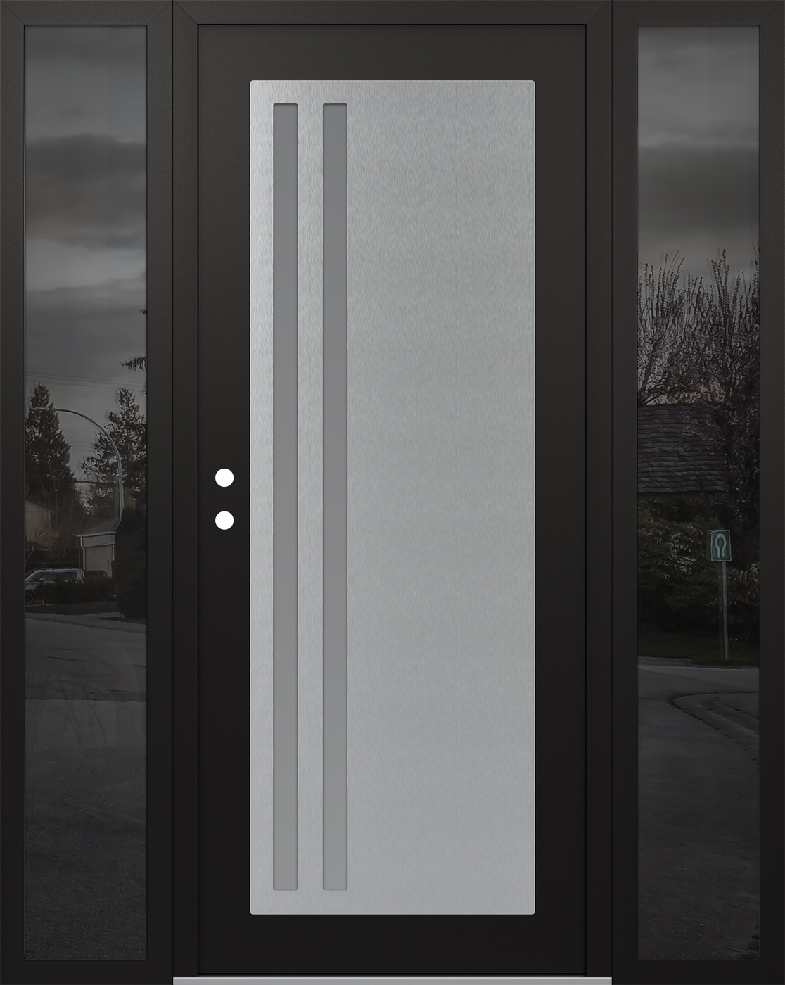 Modern Steel Front Door Diamond C6 68" x 80" black/white frosted Glass Panel stainless steel RHI with 2 Sidelites mirrored Glass