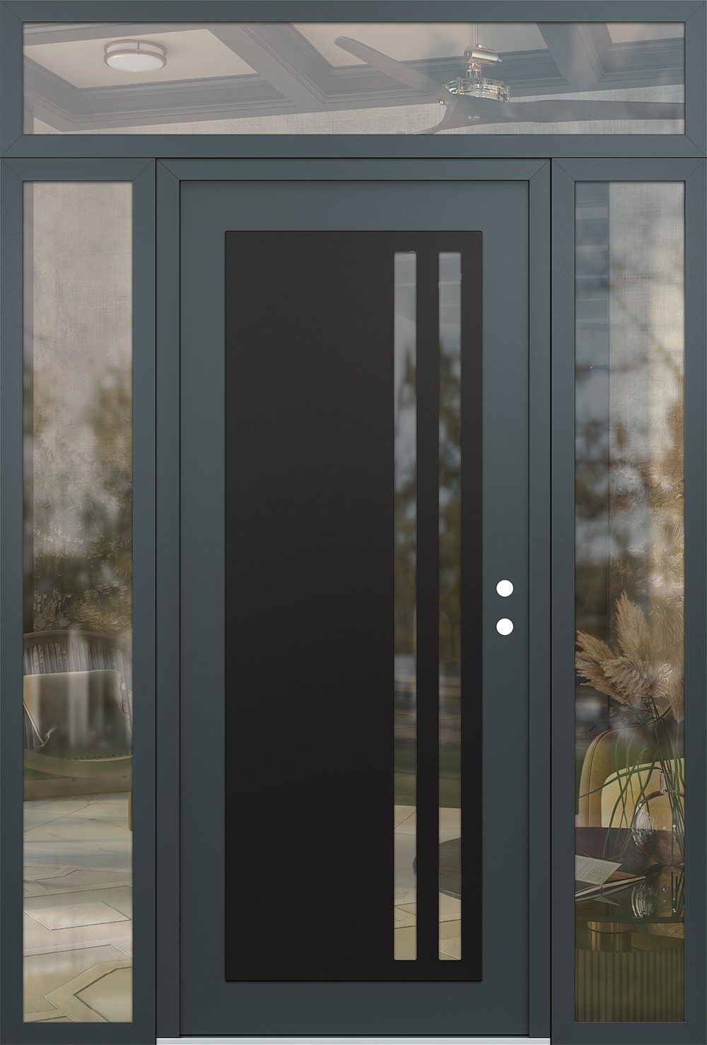 Modern Steel Front Door Diamond C6 68" x 96" anthracite/anthracite clear Glass Panel black LHI with 2 Sidelites and Transom clear Glass