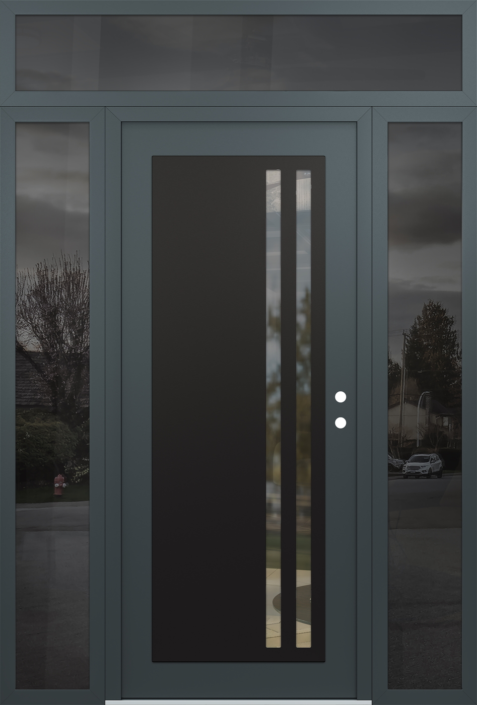 Modern Steel Front Door Diamond C6 68" x 96" anthracite/anthracite clear Glass Panel black LHI with 2 Sidelites and Transom mirrored Glass