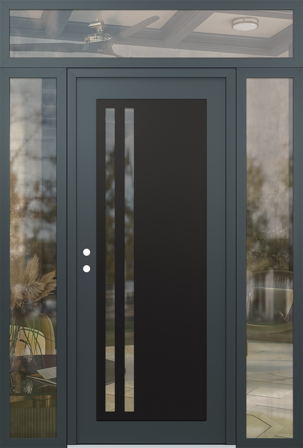 Modern Steel Front Door Diamond C6 68" x 96" anthracite/anthracite clear Glass Panel black RHI with 2 Sidelites and Transom clear Glass