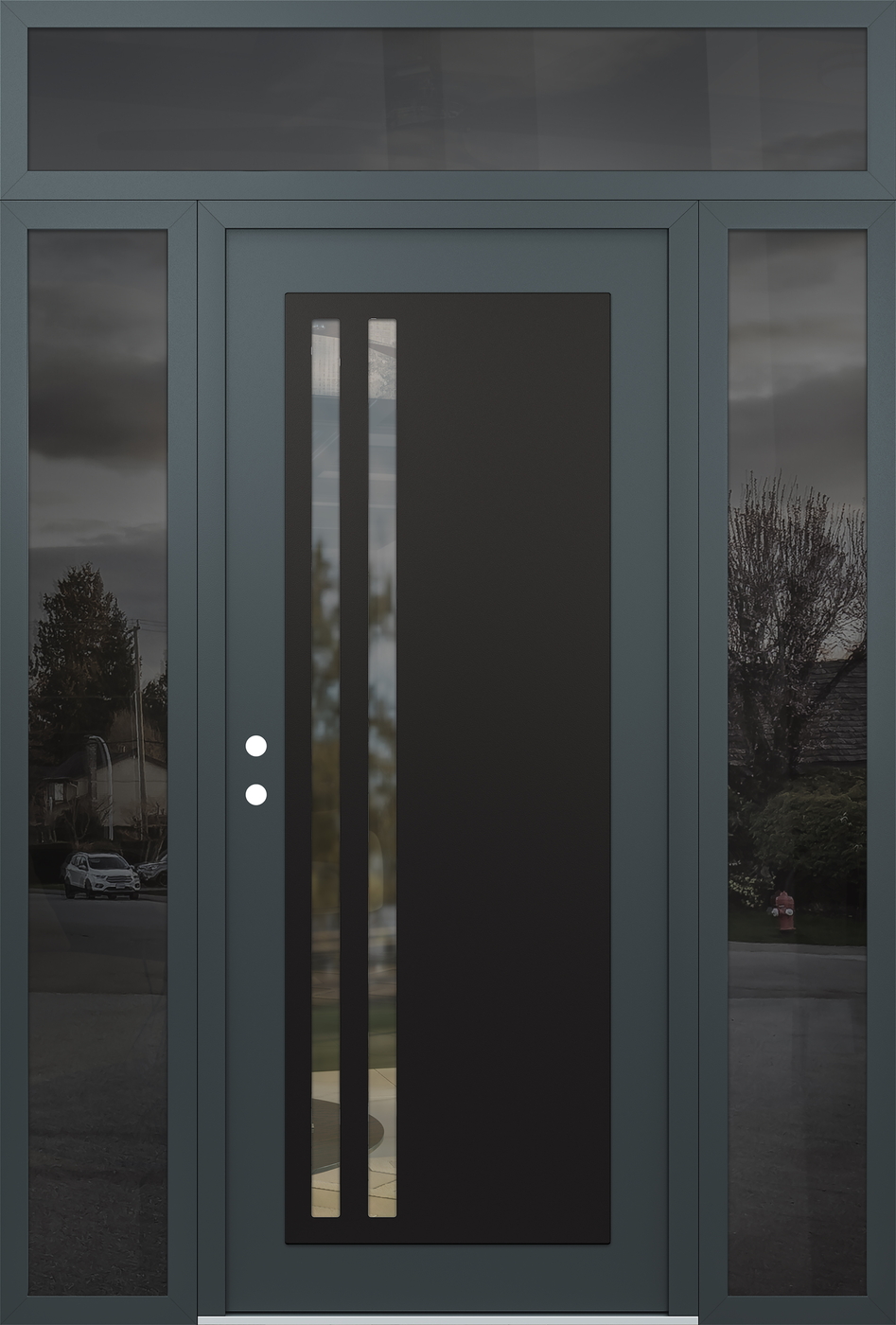 Modern Steel Front Door Diamond C6 68" x 96" anthracite/anthracite clear Glass Panel black RHI with 2 Sidelites and Transom mirrored Glass