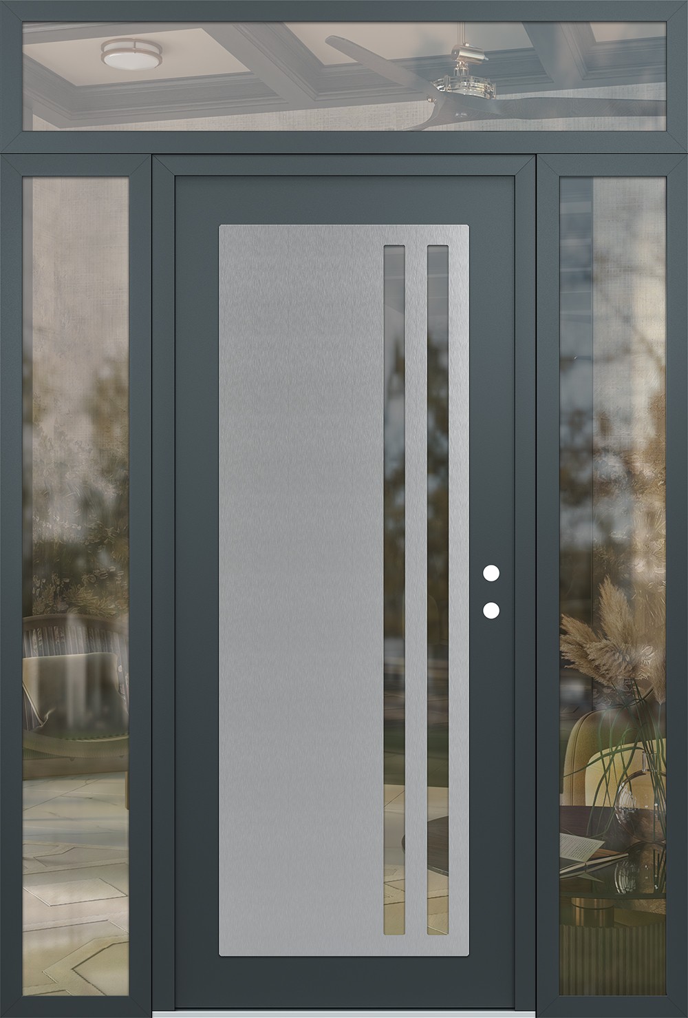 Modern Steel Front Door Diamond C6 68" x 96" anthracite/anthracite clear Glass Panel stainless steel LHI with 2 Sidelites and Transom clear Glass