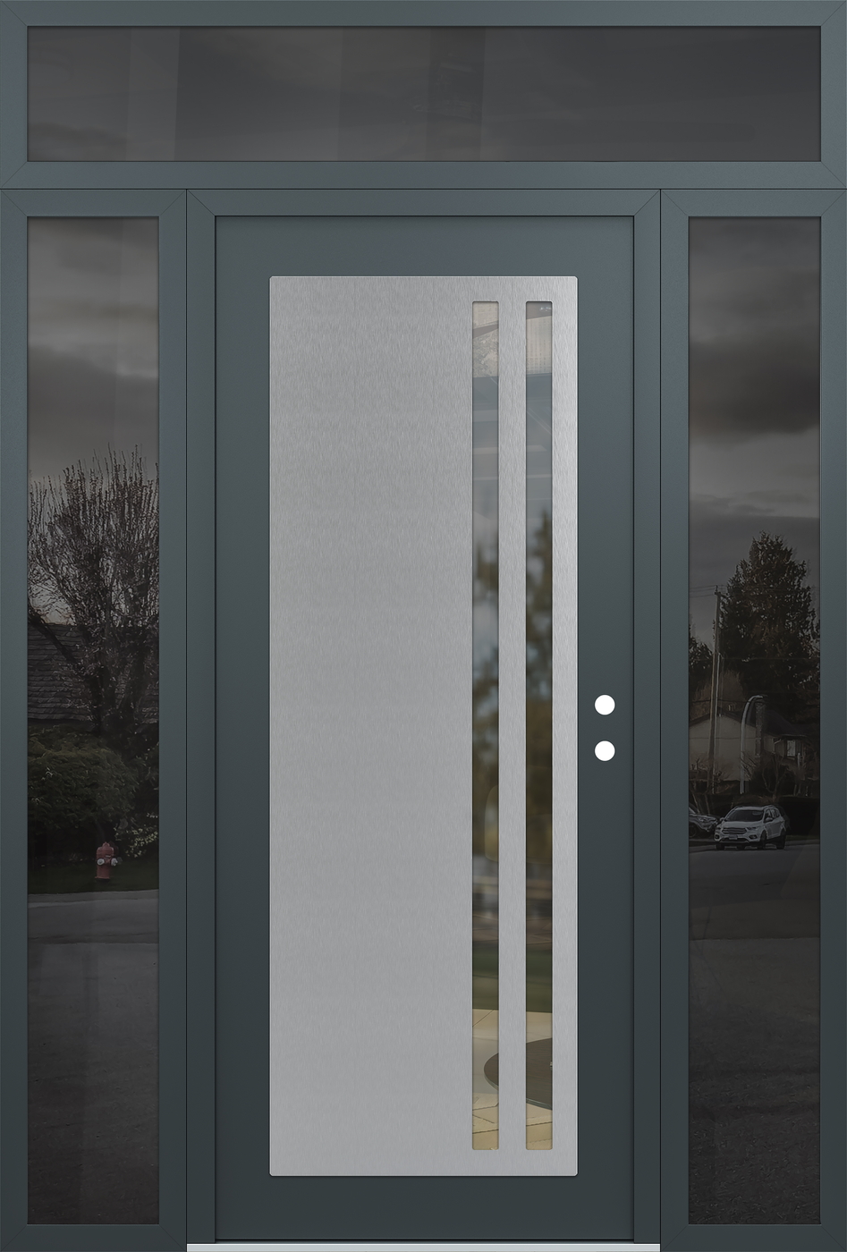 Modern Steel Front Door Diamond C6 68" x 96" anthracite/anthracite clear Glass Panel stainless steel LHI with 2 Sidelites and Transom mirrored Glass
