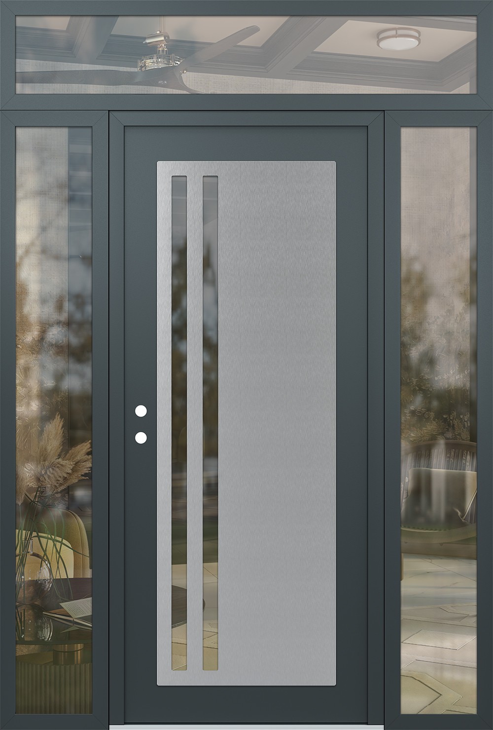 Modern Steel Front Door Diamond C6 68" x 96" anthracite/anthracite clear Glass Panel stainless steel RHI with 2 Sidelites and Transom clear Glass