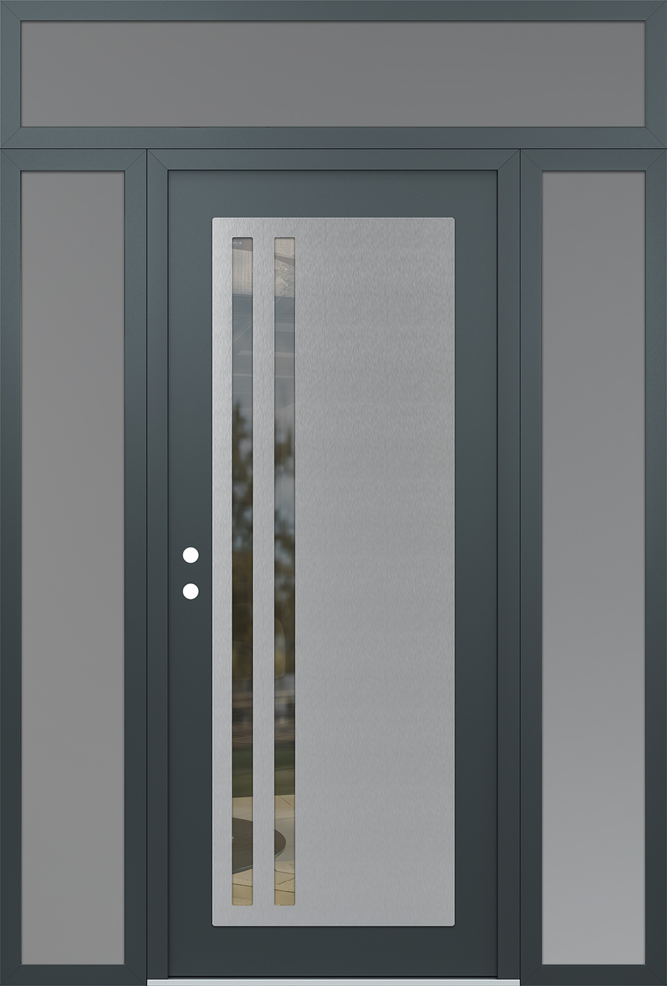 Modern Steel Front Door Diamond C6 68" x 96" anthracite/anthracite clear Glass Panel stainless steel RHI with 2 Sidelites and Transom frosted Glass