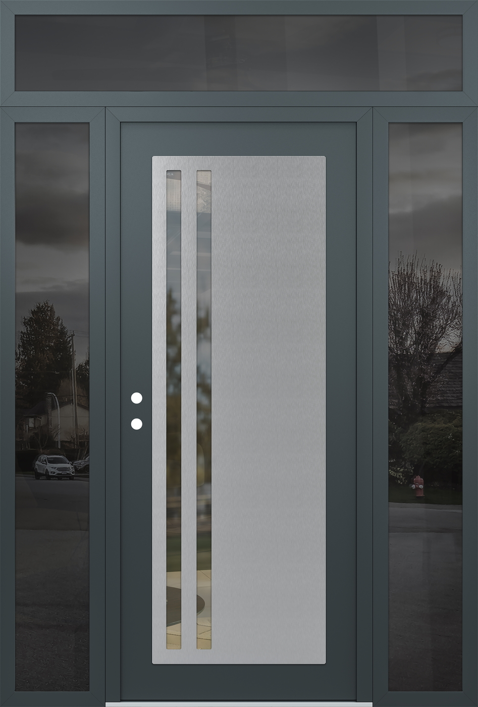 Modern Steel Front Door Diamond C6 68" x 96" anthracite/anthracite clear Glass Panel stainless steel RHI with 2 Sidelites and Transom mirrored Glass