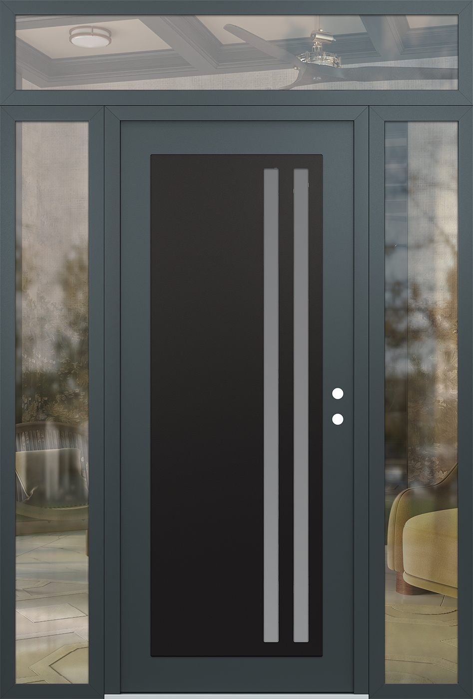 Modern Steel Front Door Diamond C6 68" x 96" anthracite/anthracite frosted Glass Panel black LHI with 2 Sidelites and Transom clear Glass