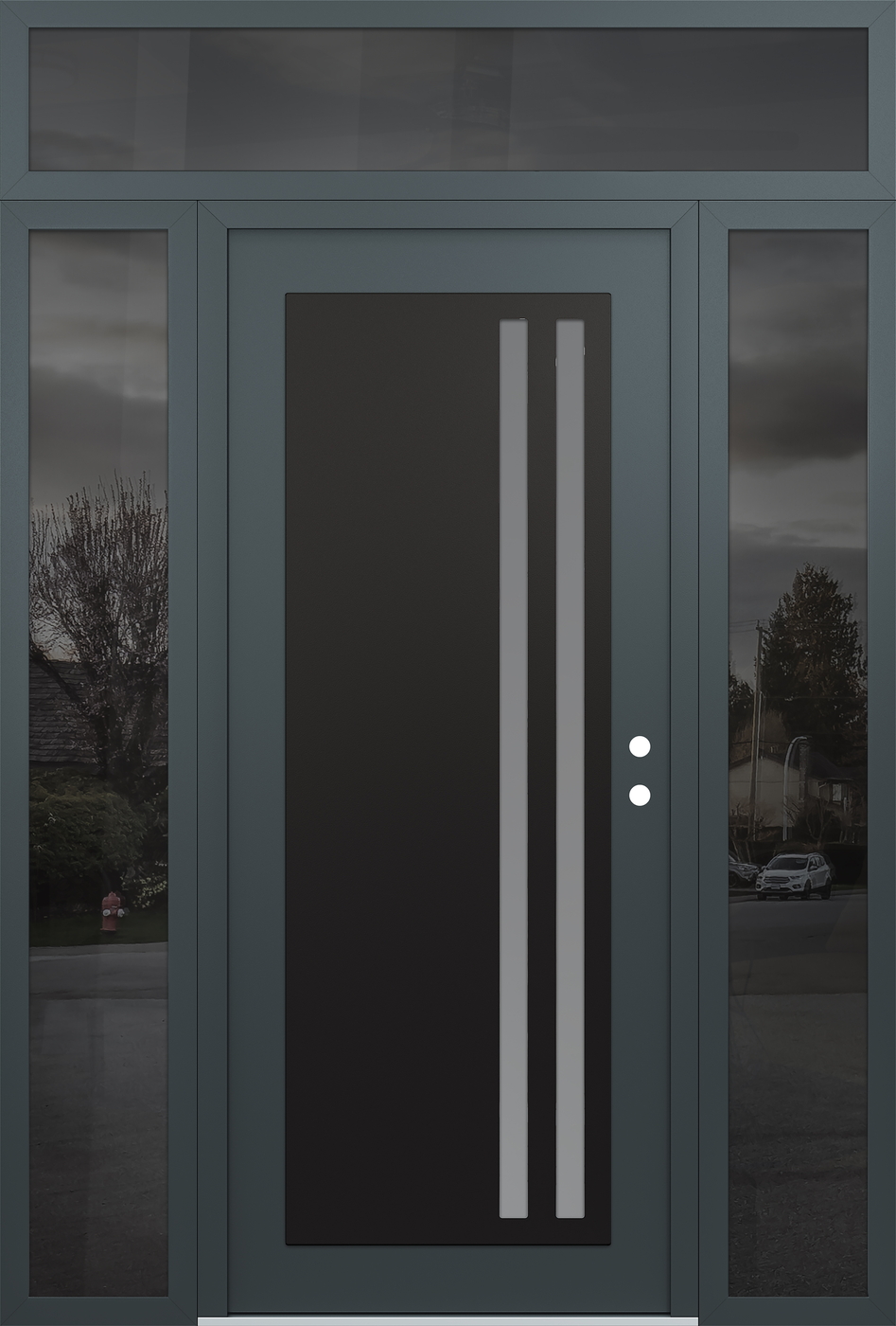 Modern Steel Front Door Diamond C6 68" x 96" anthracite/anthracite frosted Glass Panel black LHI with 2 Sidelites and Transom mirrored Glass