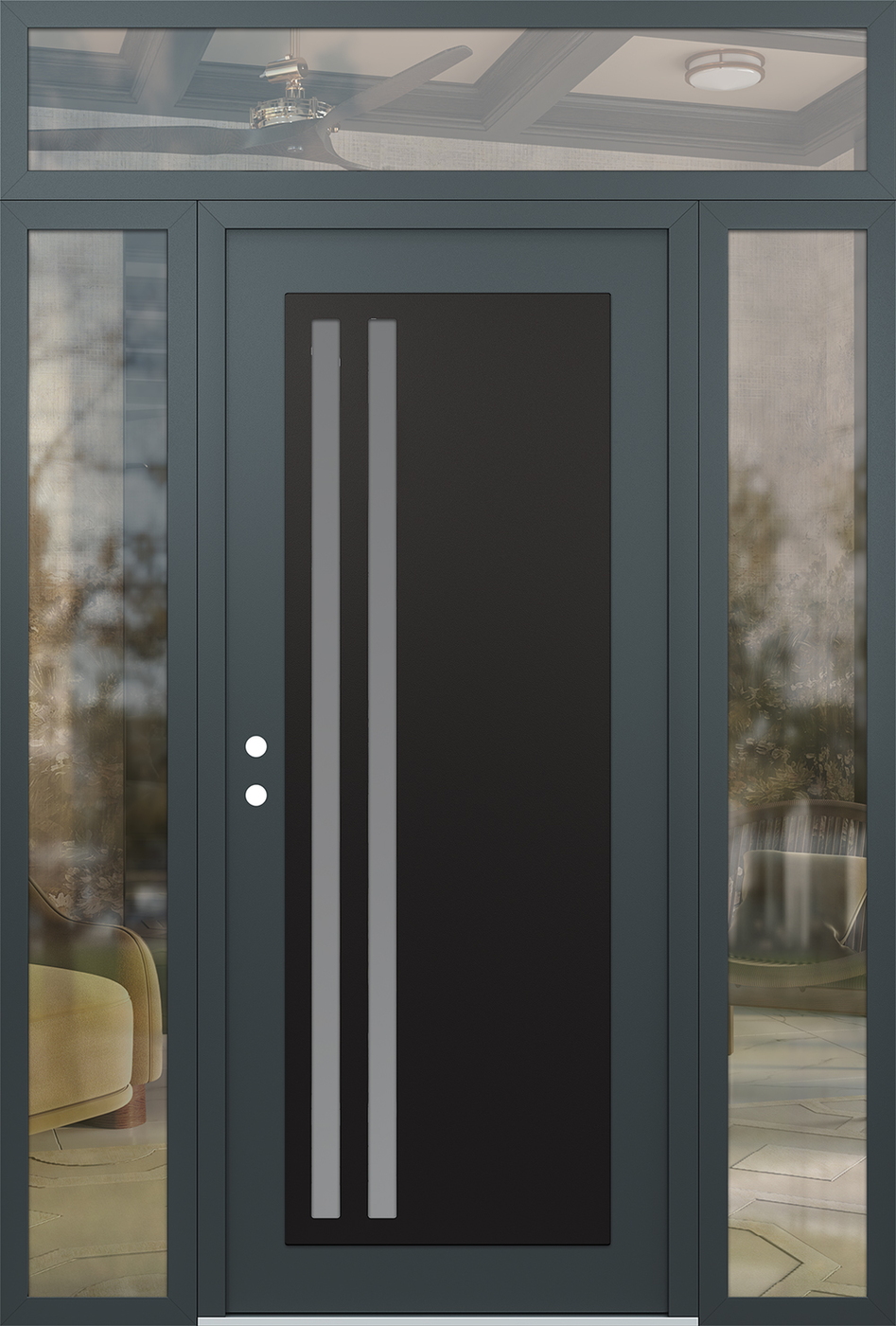 Modern Steel Front Door Diamond C6 68" x 96" anthracite/anthracite frosted Glass Panel black RHI with 2 Sidelites and Transom clear Glass