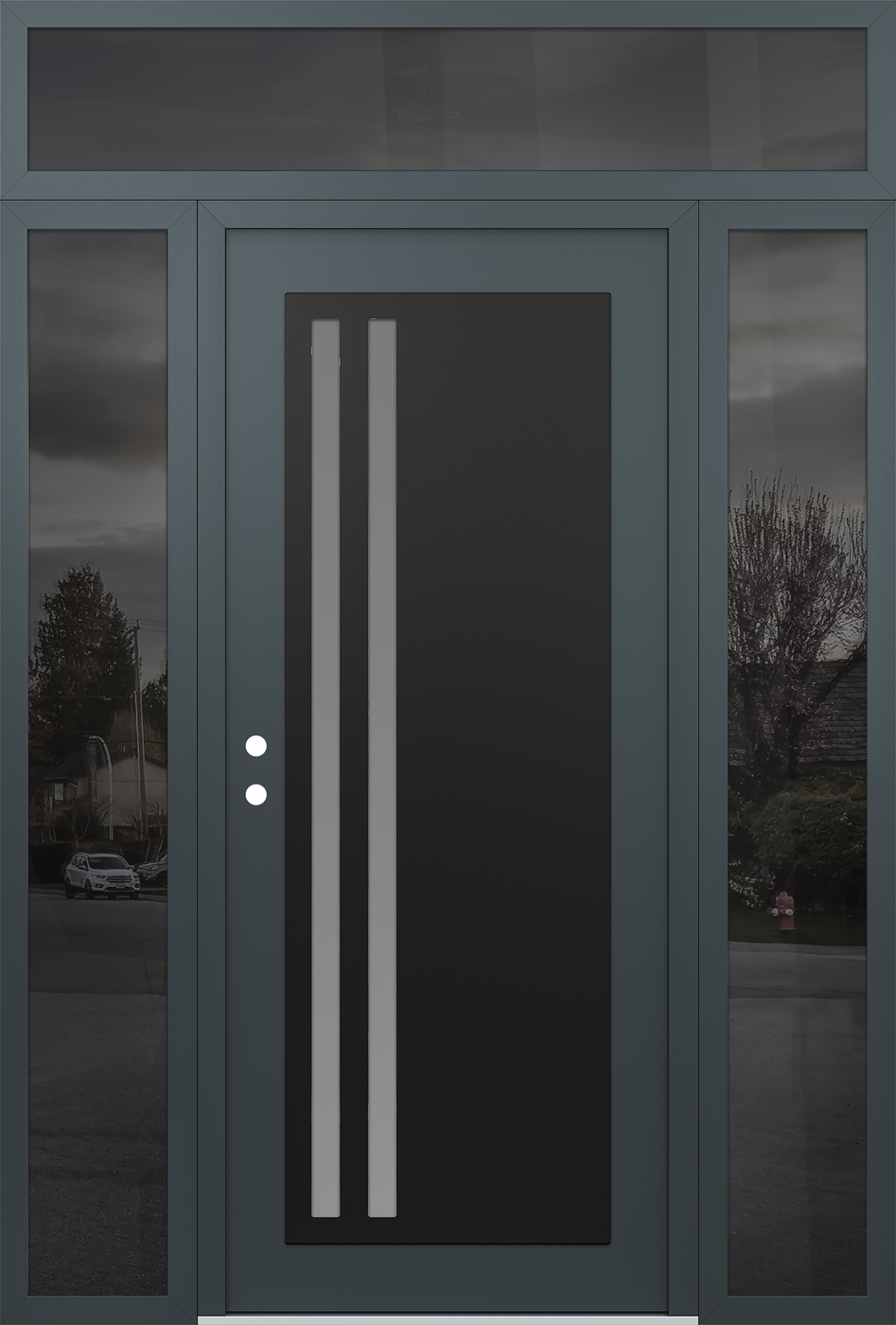 Modern Steel Front Door Diamond C6 68" x 96" anthracite/anthracite frosted Glass Panel black RHI with 2 Sidelites and Transom mirrored Glass