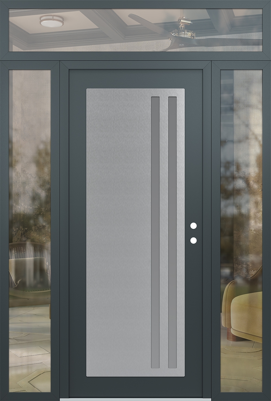 Modern Steel Front Door Diamond C6 68" x 96" anthracite/anthracite frosted Glass Panel stainless steel LHI with 2 Sidelites and Transom clear Glass