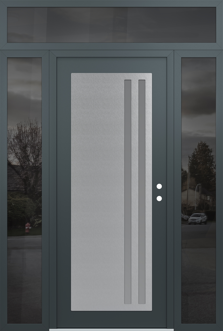 Modern Steel Front Door Diamond C6 68" x 96" anthracite/anthracite frosted Glass Panel stainless steel LHI with 2 Sidelites and Transom mirrored Glass