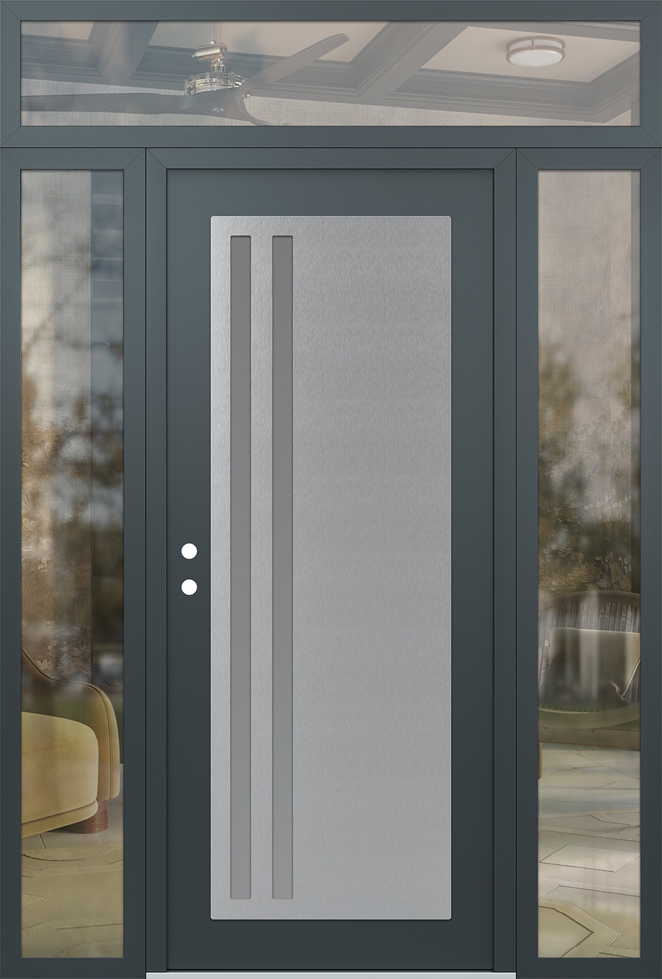 Modern Steel Front Door Diamond C6 68" x 96" anthracite/anthracite frosted Glass Panel stainless steel RHI with 2 Sidelites and Transom clear Glass