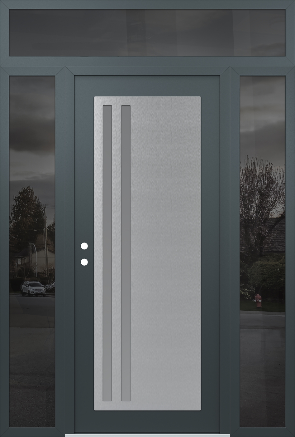 Modern Steel Front Door Diamond C6 68" x 96" anthracite/anthracite frosted Glass Panel stainless steel RHI with 2 Sidelites and Transom mirrored Glass