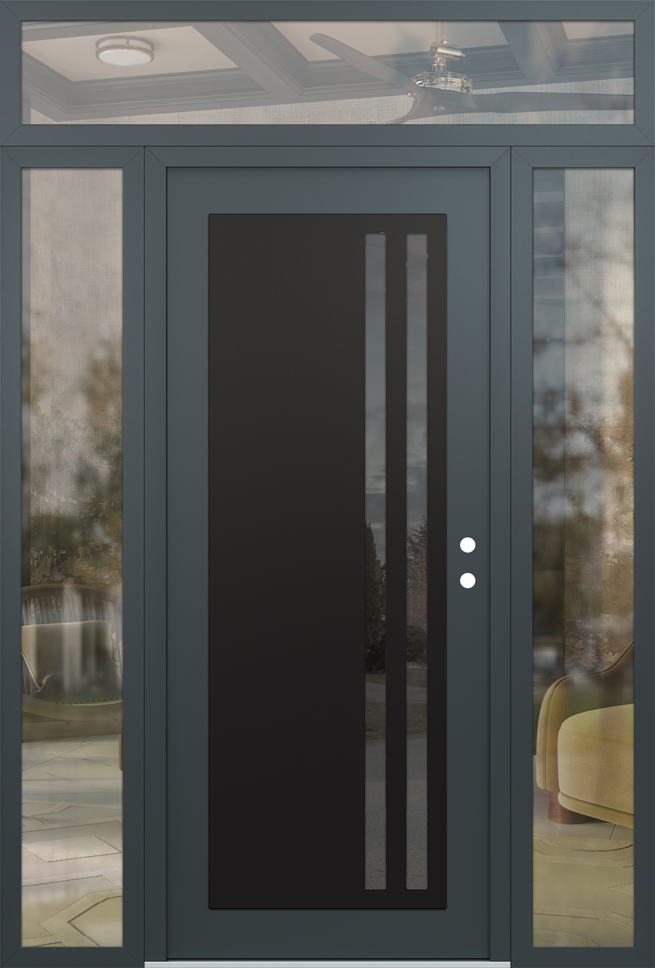 Modern Steel Front Door Diamond C6 68" x 96" anthracite/anthracite mirrored Glass Panel black LHI with 2 Sidelites and Transom clear Glass