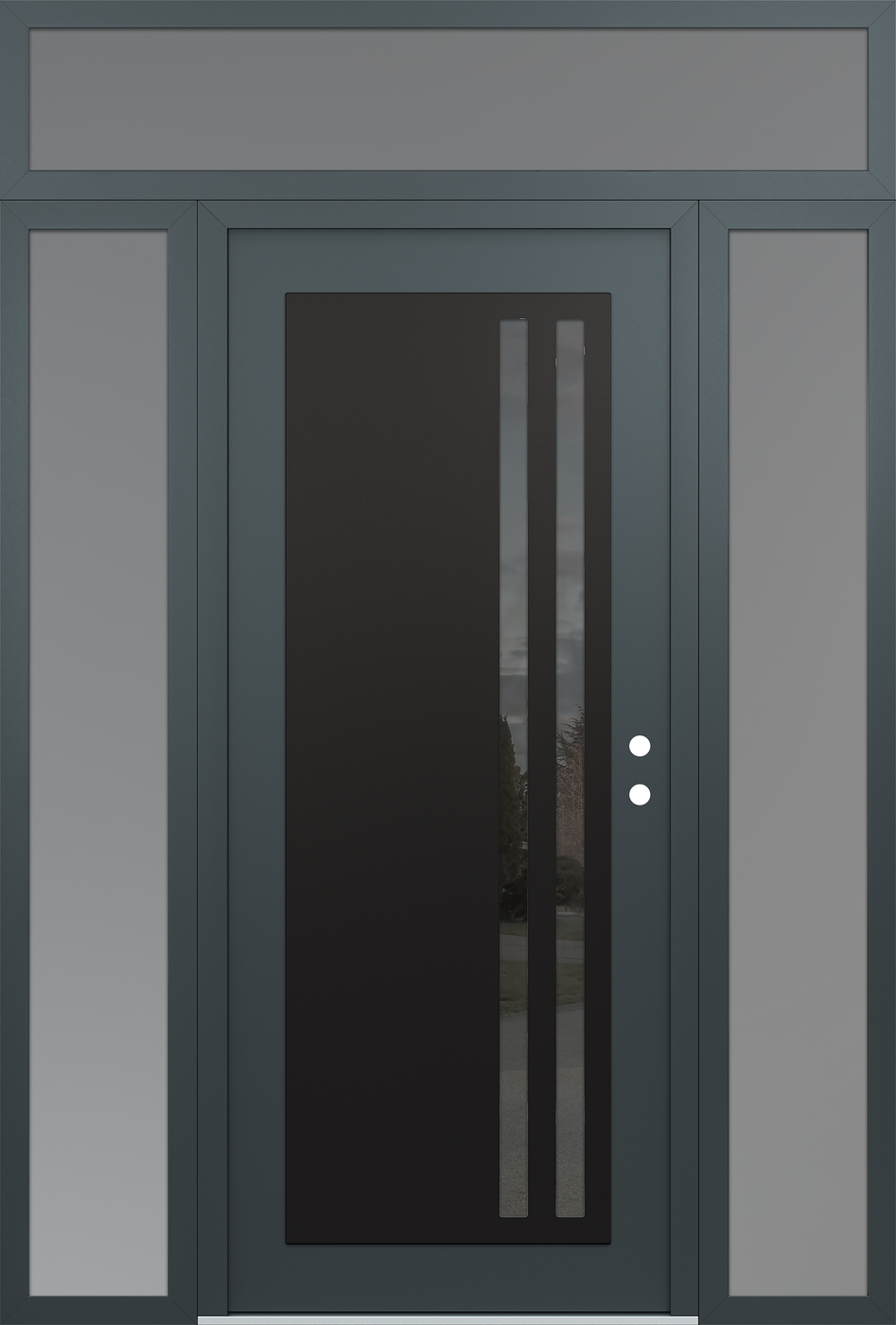 Modern Steel Front Door Diamond C6 68" x 96" anthracite/anthracite mirrored Glass Panel black LHI with 2 Sidelites and Transom frosted Glass