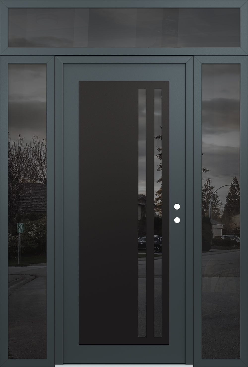 Modern Steel Front Door Diamond C6 68" x 96" anthracite/anthracite mirrored Glass Panel black LHI with 2 Sidelites and Transom mirrored Glass