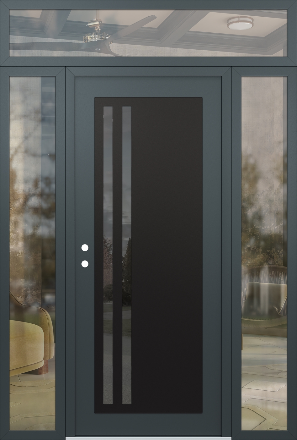 Modern Steel Front Door Diamond C6 68" x 96" anthracite/anthracite mirrored Glass Panel black RHI with 2 Sidelites and Transom clear Glass