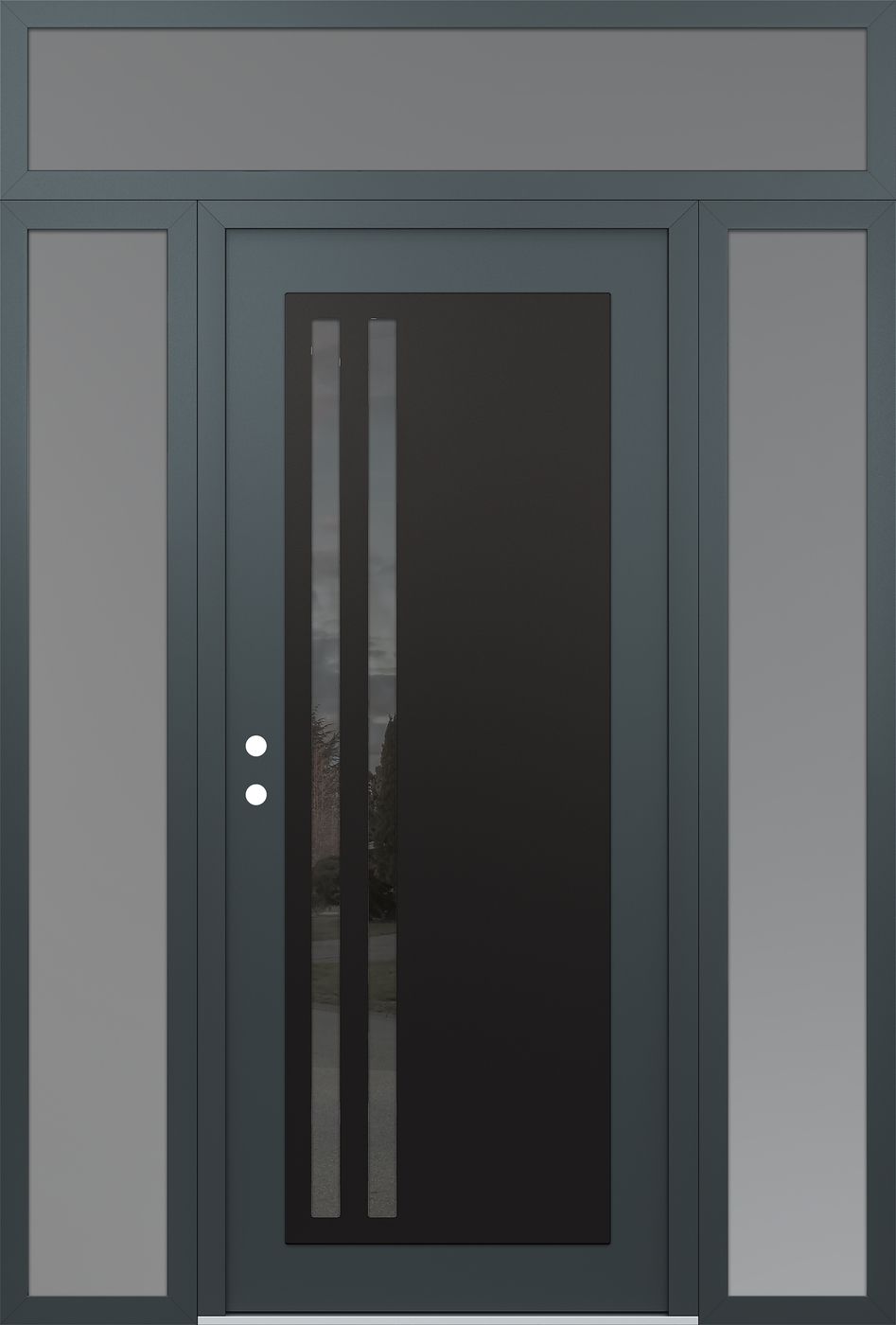 Modern Steel Front Door Diamond C6 68" x 96" anthracite/anthracite mirrored Glass Panel black RHI with 2 Sidelites and Transom frosted Glass