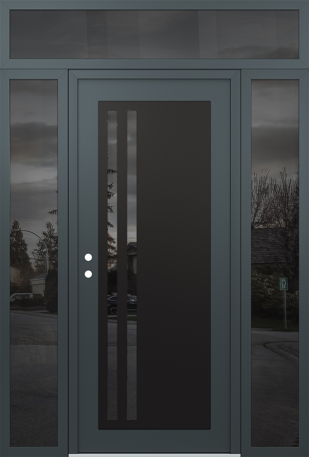 Modern Steel Front Door Diamond C6 68" x 96" anthracite/anthracite mirrored Glass Panel black RHI with 2 Sidelites and Transom mirrored Glass