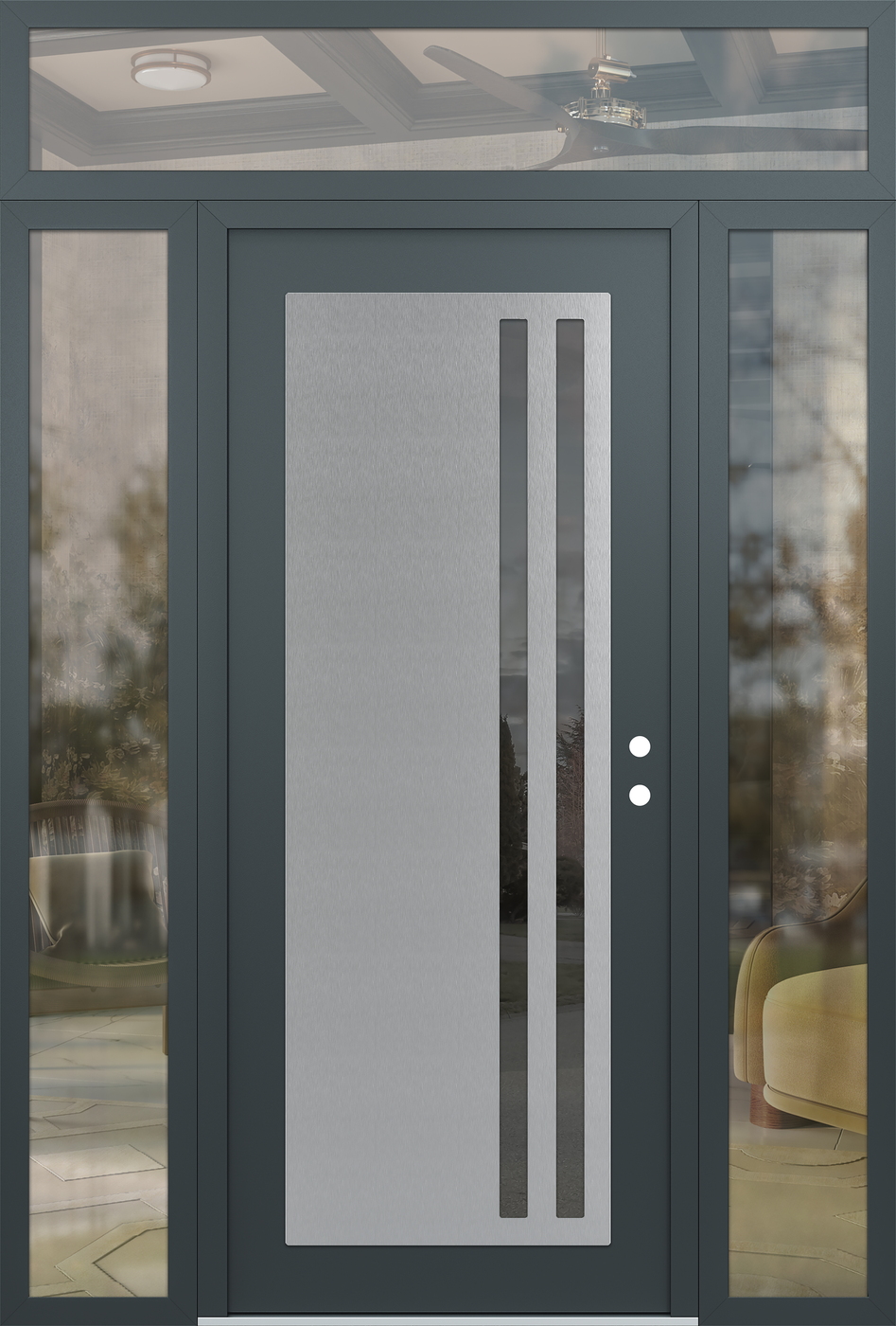 Modern Steel Front Door Diamond C6 68" x 96" anthracite/anthracite mirrored Glass Panel stainless steel LHI with 2 Sidelites and Transom clear Glass