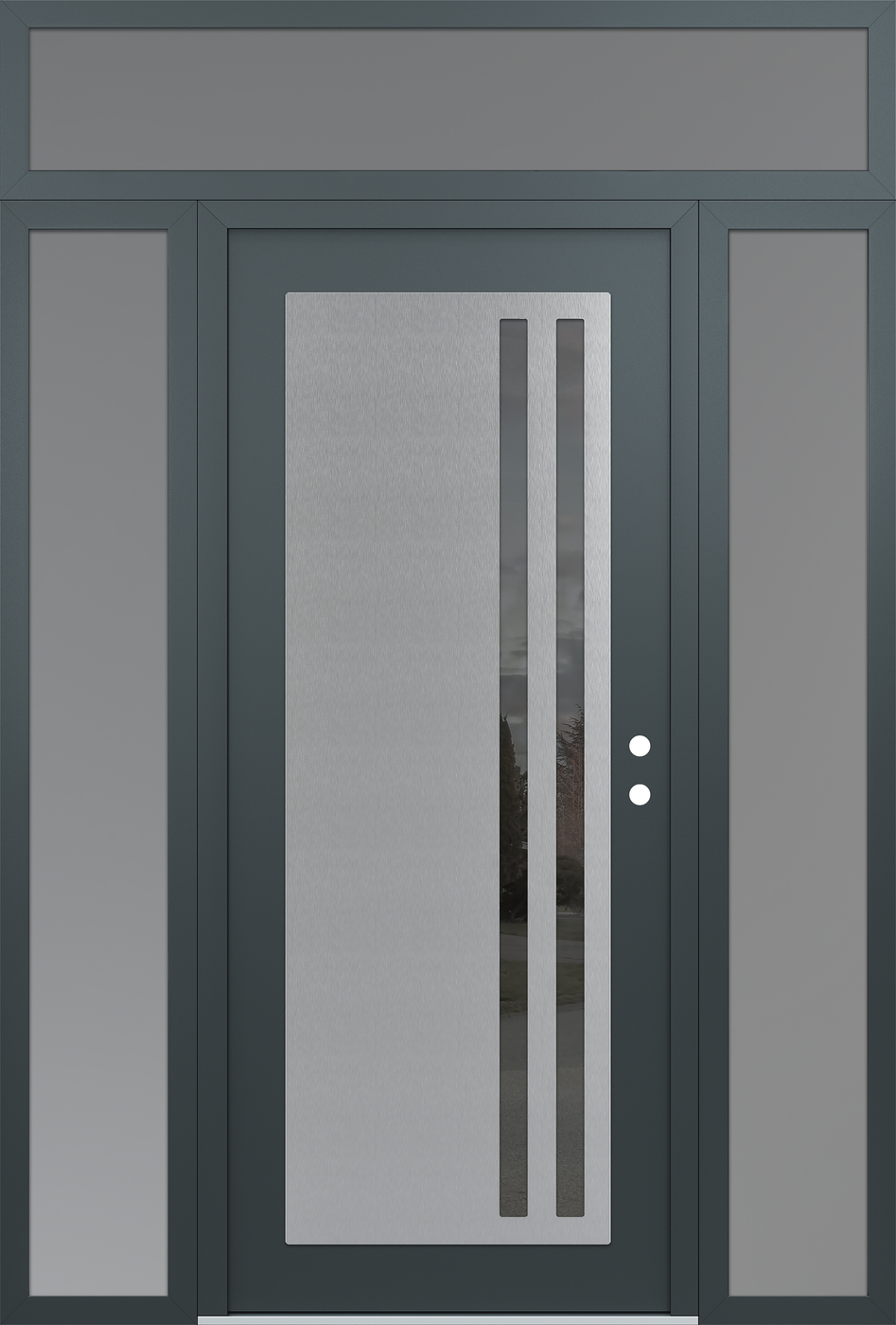 Modern Steel Front Door Diamond C6 68" x 96" anthracite/anthracite mirrored Glass Panel stainless steel LHI with 2 Sidelites and Transom frosted Glass