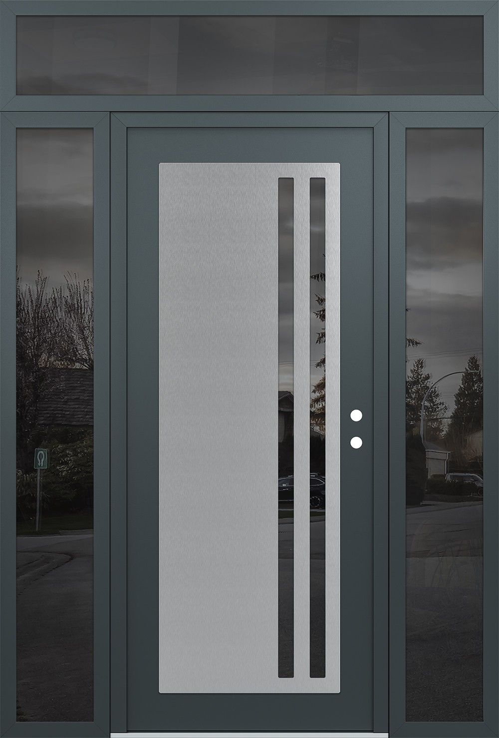 Modern Steel Front Door Diamond C6 68" x 96" anthracite/anthracite mirrored Glass Panel stainless steel LHI with 2 Sidelites and Transom mirrored Glass