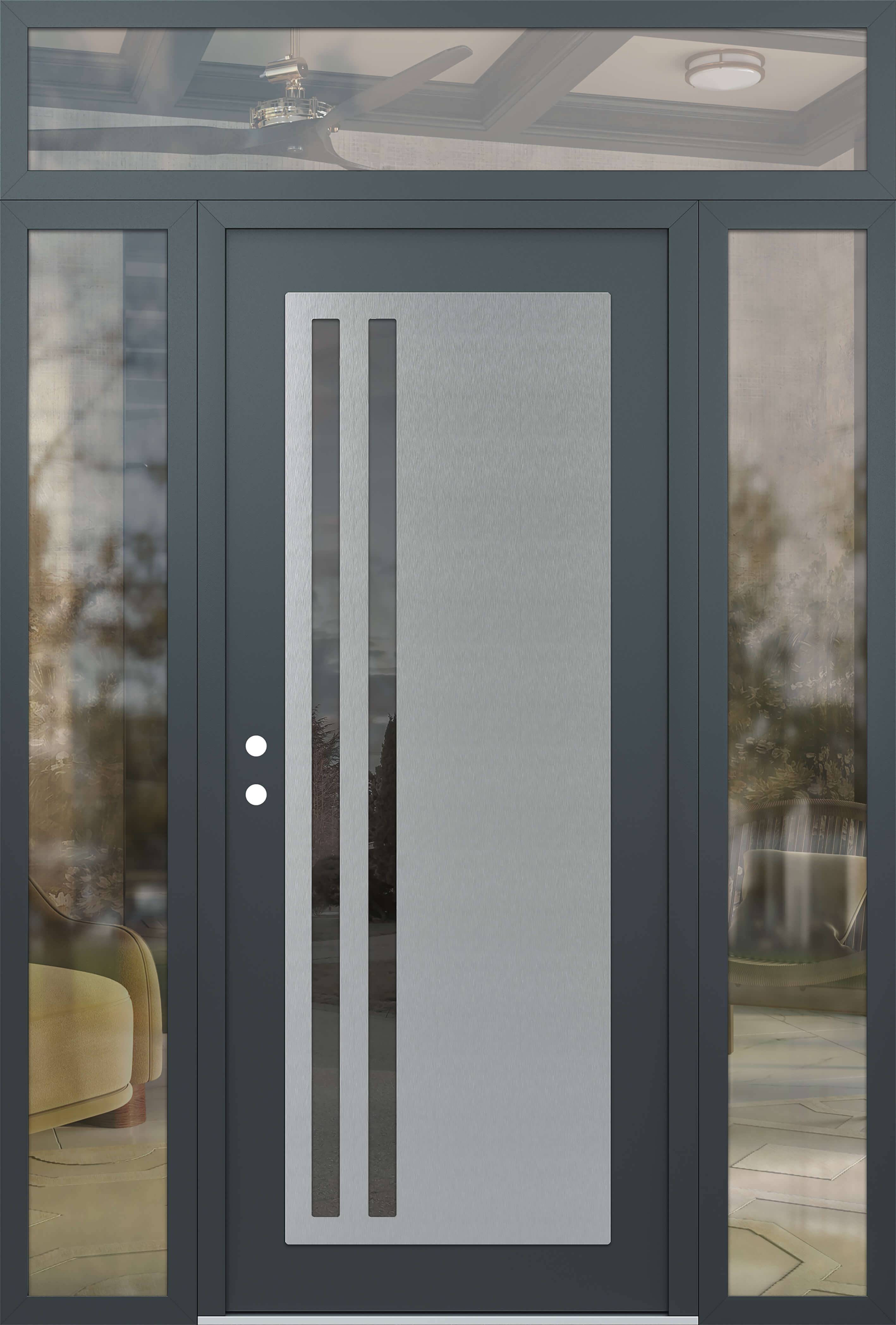 Modern Steel Front Door Diamond C6 68" x 96" anthracite/anthracite mirrored Glass Panel stainless steel RHI with 2 Sidelites and Transom clear Glass