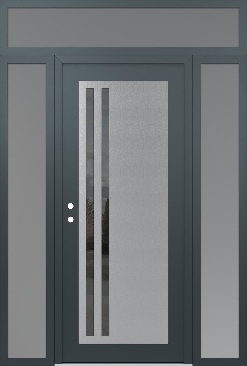 Modern Steel Front Door Diamond C6 68" x 96" anthracite/anthracite mirrored Glass Panel stainless steel RHI with 2 Sidelites and Transom frosted Glass