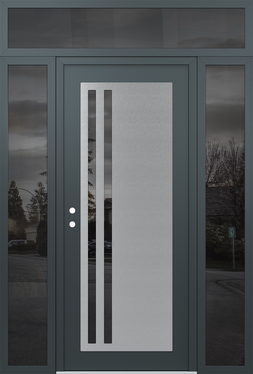 Modern Steel Front Door Diamond C6 68" x 96" anthracite/anthracite mirrored Glass Panel stainless steel RHI with 2 Sidelites and Transom mirrored Glass