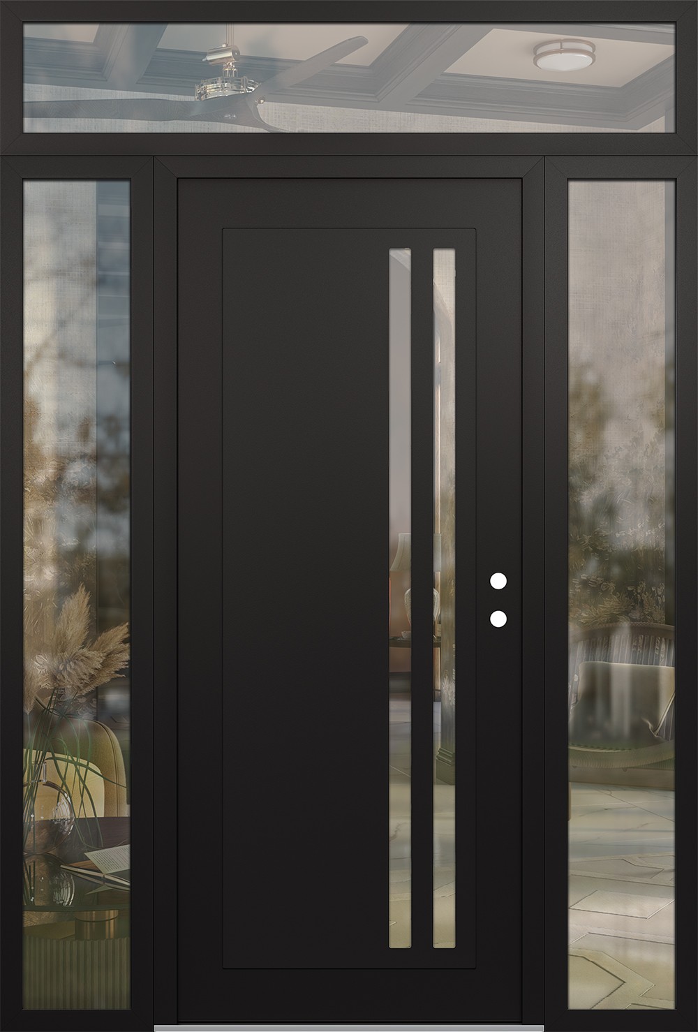 Modern Steel Front Door Diamond C6 68" x 96" black/black clear Glass Panel black LHI with 2 Sidelites and Transom clear Glass