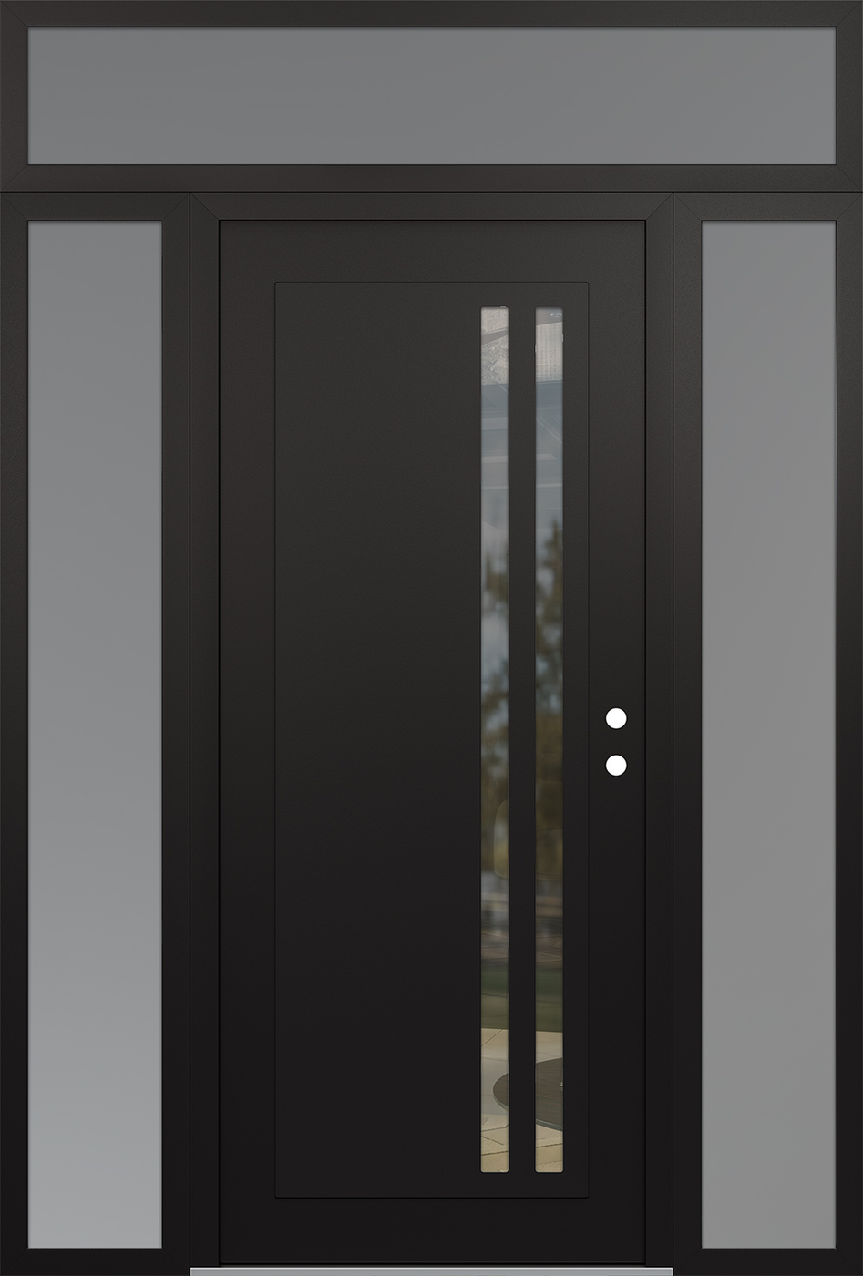 Modern Steel Front Door Diamond C6 68" x 96" black/black clear Glass Panel black LHI with 2 Sidelites and Transom frosted Glass