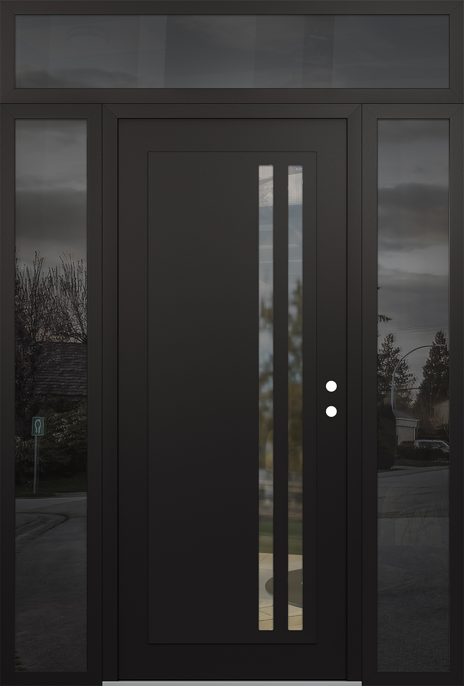 Modern Steel Front Door Diamond C6 68" x 96" black/black clear Glass Panel black LHI with 2 Sidelites and Transom mirrored Glass