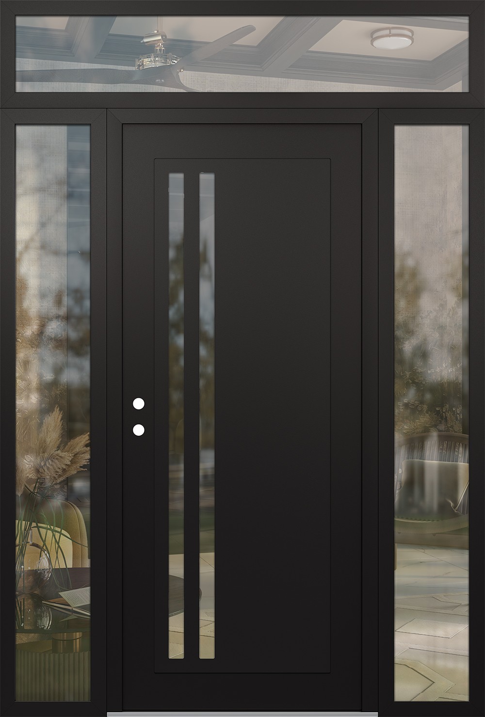 Modern Steel Front Door Diamond C6 68" x 96" black/black clear Glass Panel black RHI with 2 Sidelites and Transom clear Glass