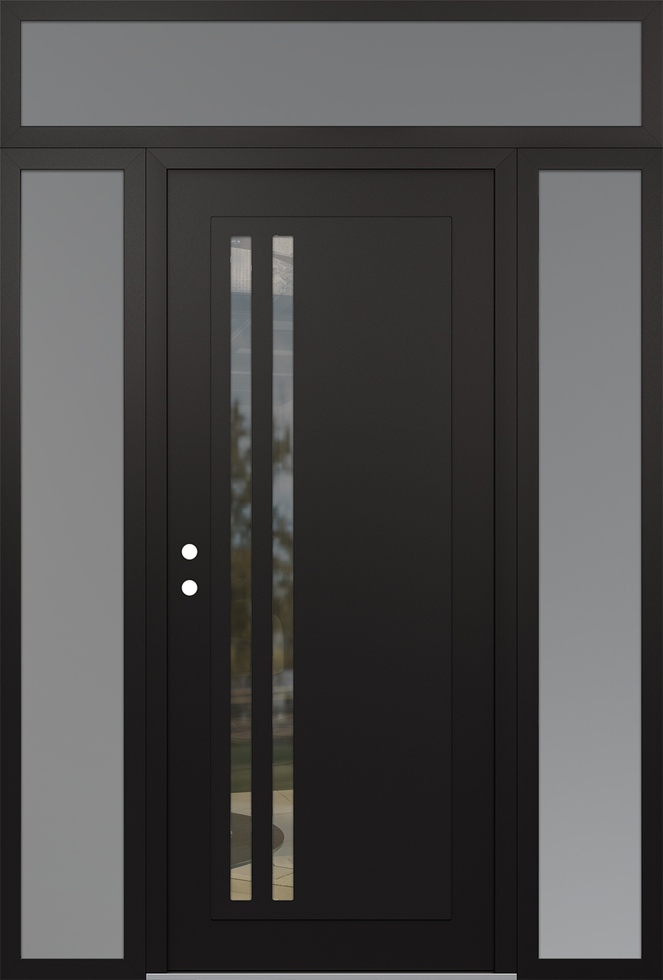 Modern Steel Front Door Diamond C6 68" x 96" black/black clear Glass Panel black RHI with 2 Sidelites and Transom frosted Glass