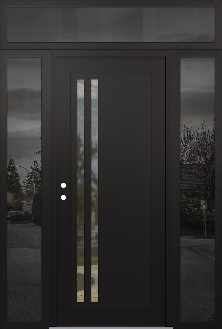 Modern Steel Front Door Diamond C6 68" x 96" black/black clear Glass Panel black RHI with 2 Sidelites and Transom mirrored Glass