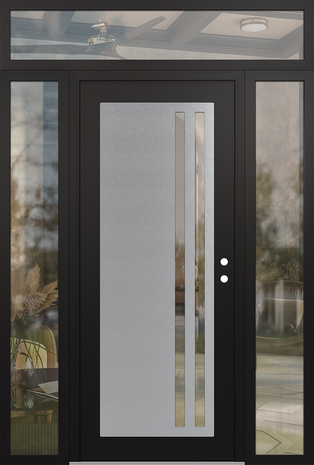 Modern Steel Front Door Diamond C6 68" x 96" black/black clear Glass Panel stainless steel LHI with 2 Sidelites and Transom clear Glass