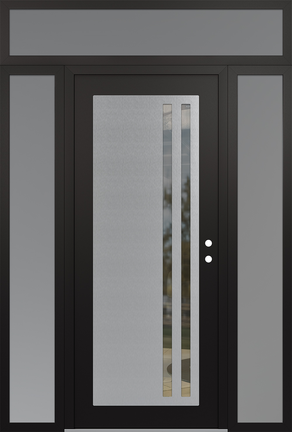 Modern Steel Front Door Diamond C6 68" x 96" black/black clear Glass Panel stainless steel LHI with 2 Sidelites and Transom frosted Glass